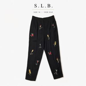 S.L.B. Women's 100% Silk Black Cocktail Embroidered Novelty Pants Size 14